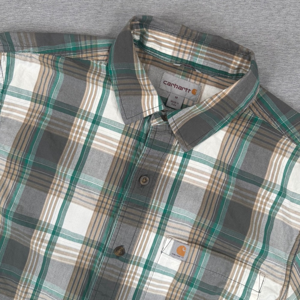 Carhartt Shirt Mens Medium Brown Grey Plaid Short Sleeve Button Down Cotton
